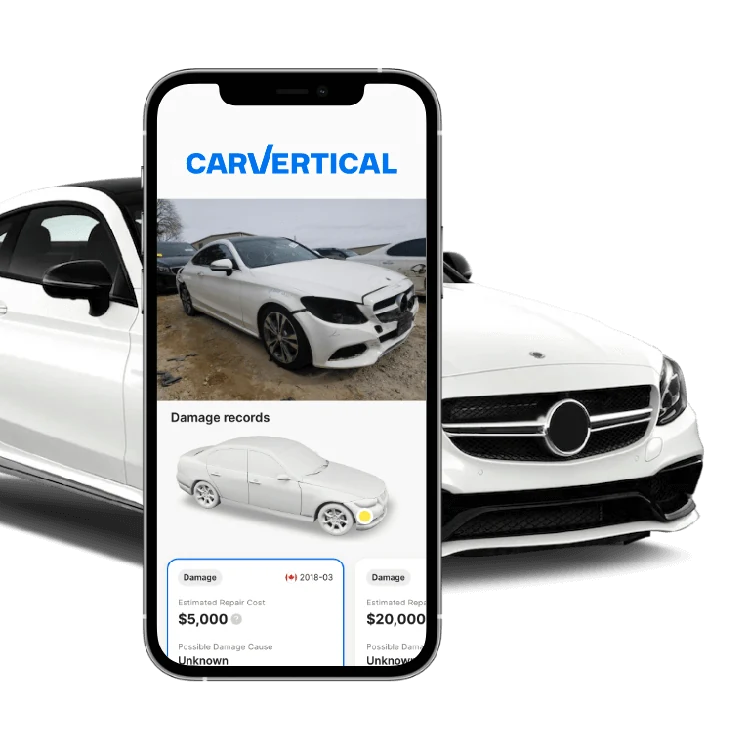 Illustration of carVertical damage records on a phone beside a car